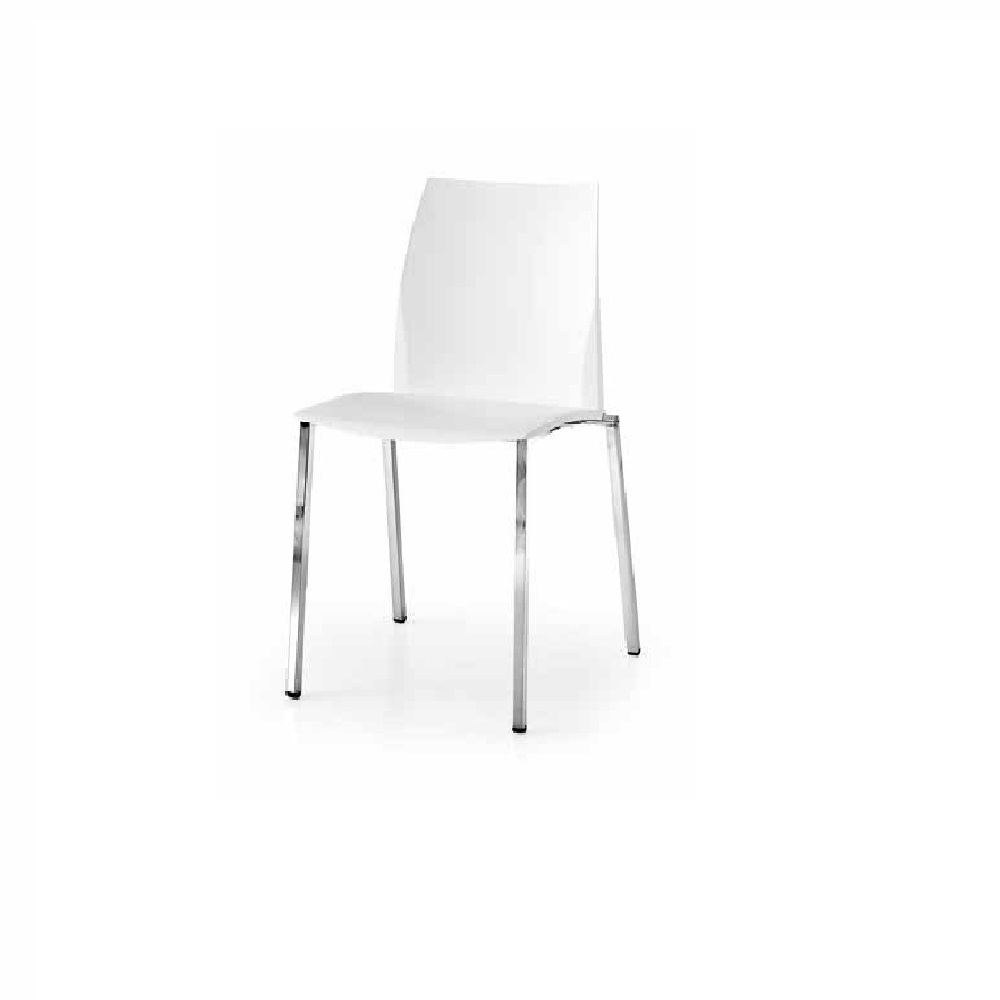 Coppia di sedie con seduta in plastica colore bianco e gambe in acciaio, in stile moderno. per sala da bar, paninoteca, ristorante, casa